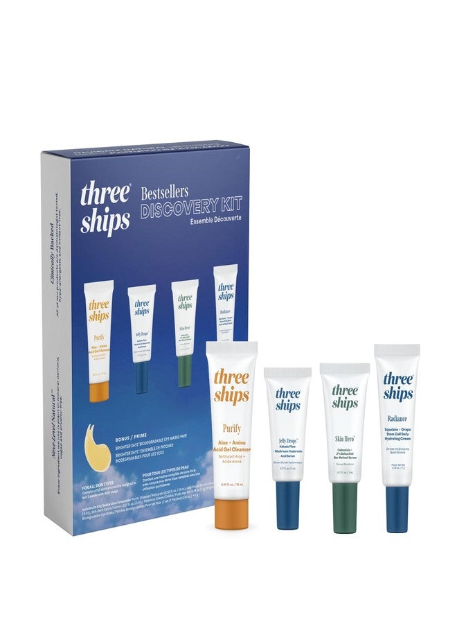 Three Ships - Discovery Beauty Skincare Kit | Purify Gel Cleanser (10mL), Jelly Drops Serum (5mL), Skin Hero Serum (5mL), Radiance Hydrating Cream (7g) - Image 1